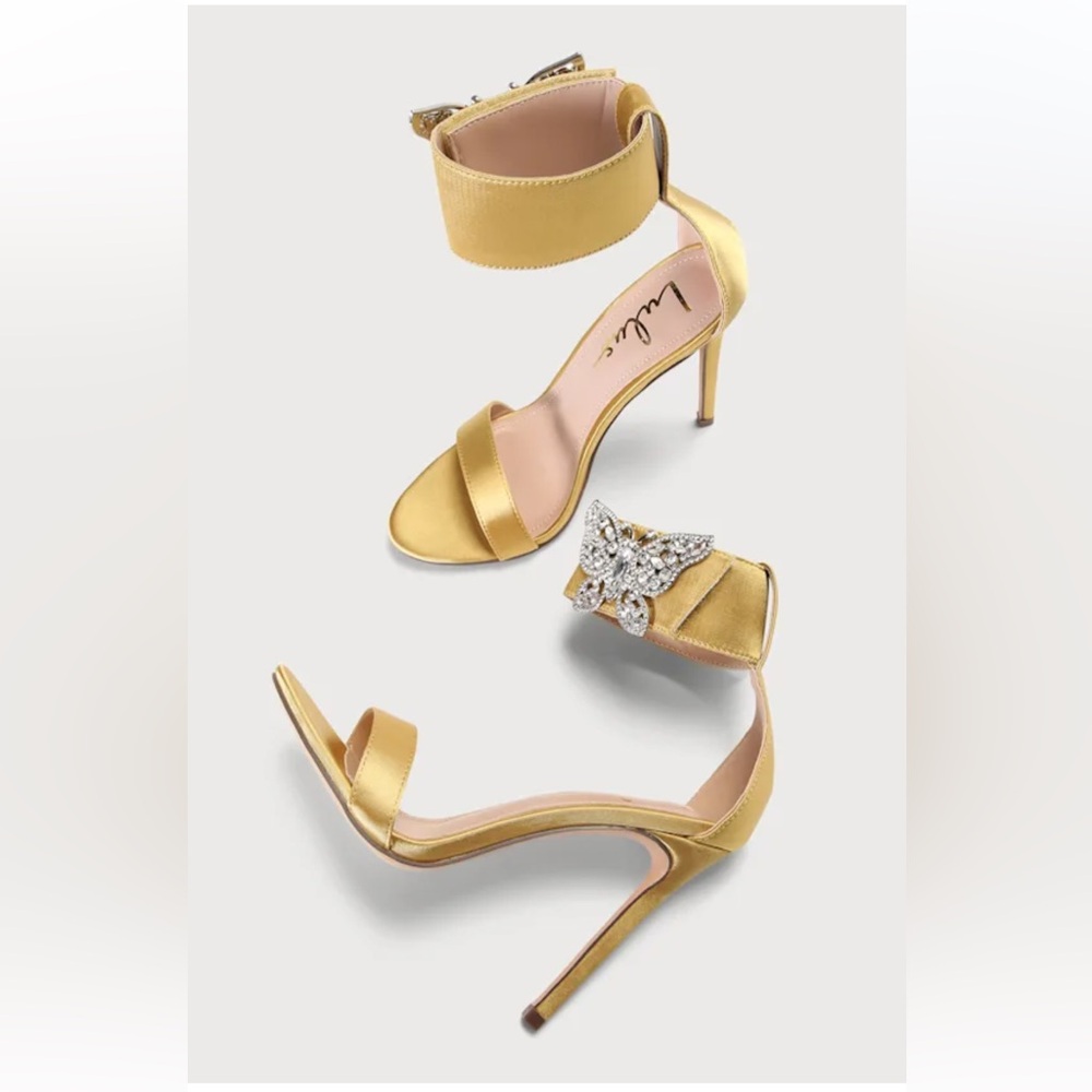 Lulus Mariahh Pear Satin Rhinestone Butterfly Ankle Strap Heels size 6.5 - Picture 4 of 7